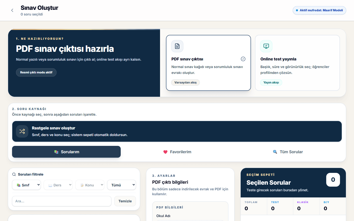Soru Çöz Yönet öğretmen panelinde sınav hazırlama, soru havuzu, PDF ve online test akışını gösteren ürün arayüzü